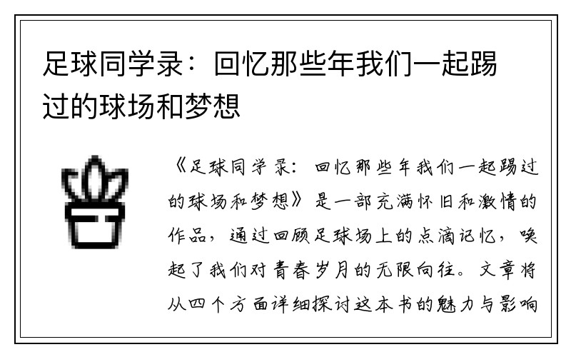 足球同学录：回忆那些年我们一起踢过的球场和梦想