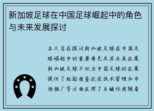 新加坡足球在中国足球崛起中的角色与未来发展探讨