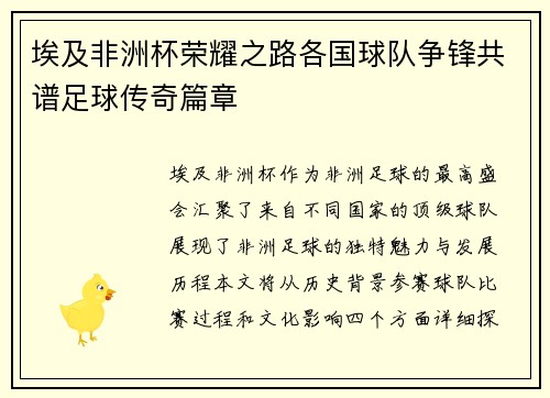 埃及非洲杯荣耀之路各国球队争锋共谱足球传奇篇章